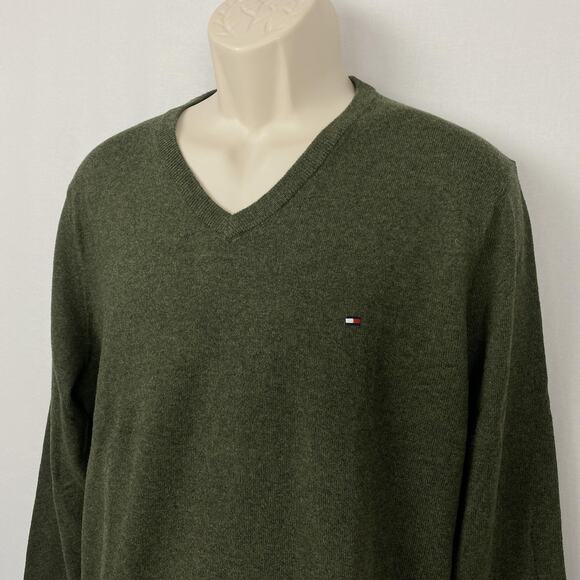 Tommy Hilfiger Cotton Cashmere Sweater Mens Large Forest Green V Neck Pullover - Picture 2 of 8